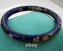 Estate Vintage Asian Colorful Cloisonne Blue Enamel Flowers Bangle Bracelet