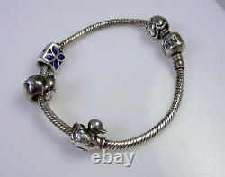 Estate Vintage Sterling Silver PANDORA Duck Elephant Blue Enamel Charm Bracelet