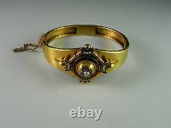 Etruscan Revival Victorian 14K Gold Enamel Bangle Bracelet Natural Pearls Blue