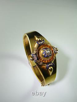 Etruscan Revival Victorian 14K Gold Enamel Bangle Bracelet Natural Pearls Blue