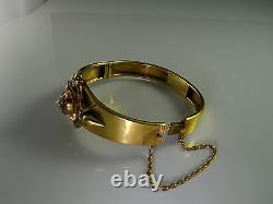 Etruscan Revival Victorian 14K Gold Enamel Bangle Bracelet Natural Pearls Blue