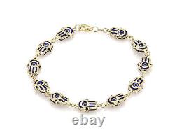 Evil Eye Hamsa Hand Blue Enamel Multi Link 14k Yellow Gold Bracelet