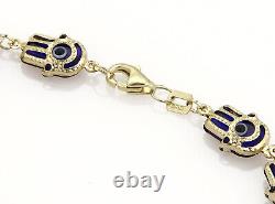 Evil Eye Hamsa Hand Blue Enamel Multi Link 14k Yellow Gold Bracelet