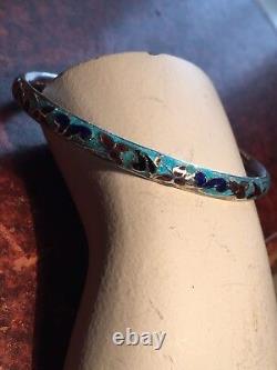 Exceptional Antique Chinese Export Sterling Silver Blue Enamel Bracelet Bangle