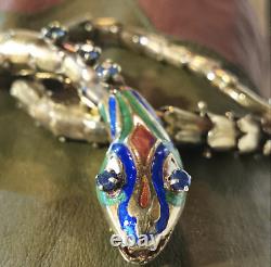 Exquisite C 1970 Italian 14k Gold Snake Bracelet with Sapphire Mosaic and Enamel