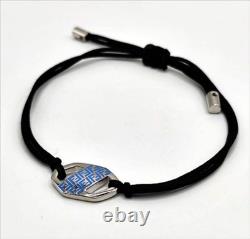FENDI Bracelet Hexagonal Silver Plaque Blue Enamel FF Logo Black Cord 10.2log