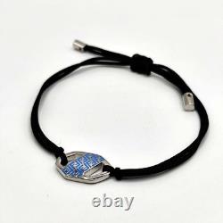 FENDI Bracelet Hexagonal Silver Plaque Blue Enamel FF Logo Black Cord 10.2log