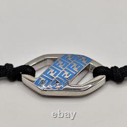 FENDI Bracelet Hexagonal Silver Plaque Blue Enamel FF Logo Black Cord 10.2log