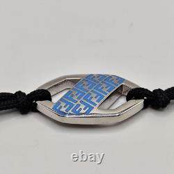 FENDI Bracelet Hexagonal Silver Plaque Blue Enamel FF Logo Black Cord 10.2log