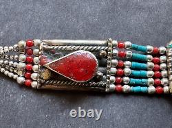 Fantastic Vintage Ethnic Silver Bracelet Turquoise & Enamel Inlay, Coral beads