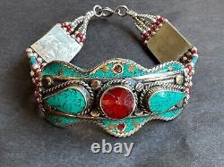Fantastic Vintage Ethnic Silver Bracelet Turquoise & Enamel Inlay, Coral beads