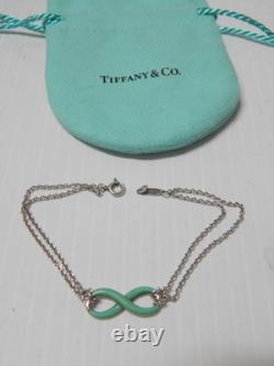 Fine Tiffany Sterling Silver Blue Enamel Infinity Dbl Chain Bracelet + Pouch
