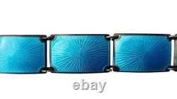 Finn Jensen Norway Sterling Silver Aqua Blue Enamel Guilloche Panel Bracelet