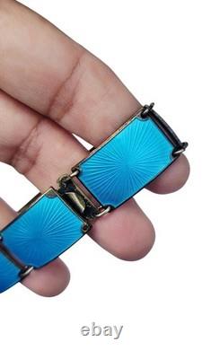 Finn Jensen Norway Sterling Silver Aqua Blue Enamel Guilloche Panel Bracelet
