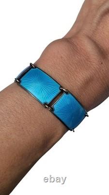 Finn Jensen Norway Sterling Silver Aqua Blue Enamel Guilloche Panel Bracelet