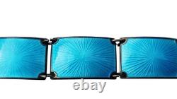 Finn Jensen Norway Sterling Silver Aqua Blue Enamel Guilloche Panel Bracelet