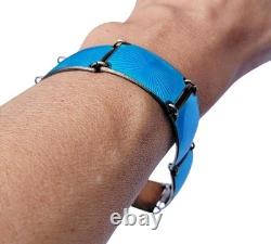 Finn Jensen Norway Sterling Silver Aqua Blue Enamel Guilloche Panel Bracelet