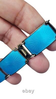 Finn Jensen Norway Sterling Silver Aqua Blue Enamel Guilloche Panel Bracelet