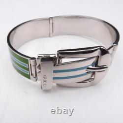 GUCCI Buckle Bangle Bracelet Metal Enamel Silver Green Light Blue Size M withBox