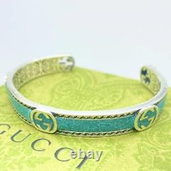 GUCCI Interlocking G Turquoise Enamel Cuff Bracelet 6 Silver 925 Auth h1084