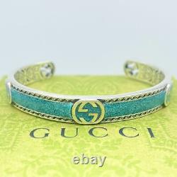 GUCCI Interlocking G Turquoise Enamel Cuff Bracelet 6 Silver 925 Auth h1084