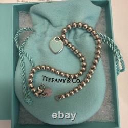 Genuine Tiffany & Co Blue Enamel Heart Charm Beaded Bracelet Sterling Silver 7
