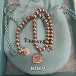 Genuine Tiffany & Co Blue Enamel Heart Charm Beaded Bracelet Sterling Silver 7