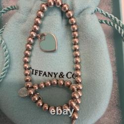 Genuine Tiffany & Co Blue Enamel Heart Charm Beaded Bracelet Sterling Silver 7