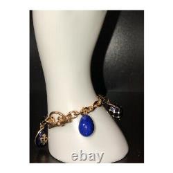 Gold Finish 25 CTW Natural Lapis Lazuli & Enamel Crystal Egg Charm Bracelet 7.5