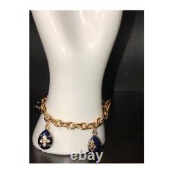 Gold Finish 25 CTW Natural Lapis Lazuli & Enamel Crystal Egg Charm Bracelet 7.5