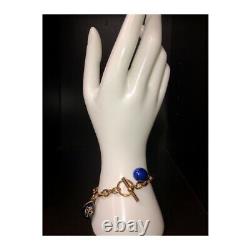 Gold Finish 25 CTW Natural Lapis Lazuli & Enamel Crystal Egg Charm Bracelet 7.5