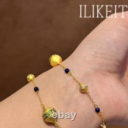 Gold Tone Evergreen Bracelet with Enamel Charms & Blue Beads Ethnic Style