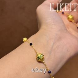 Gold Tone Evergreen Bracelet with Enamel Charms & Blue Beads Ethnic Style