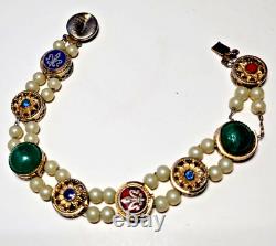 Goldfilled 2 Strand Slider Charm Bracelet Blue Enamel-Rhinestones Pearls