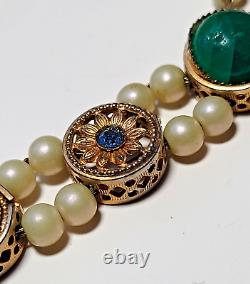 Goldfilled 2 Strand Slider Charm Bracelet Blue Enamel-Rhinestones Pearls