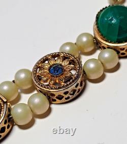 Goldfilled 2 Strand Slider Charm Bracelet Blue Enamel-Rhinestones Pearls