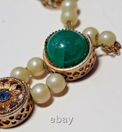 Goldfilled 2 Strand Slider Charm Bracelet Blue Enamel-Rhinestones Pearls