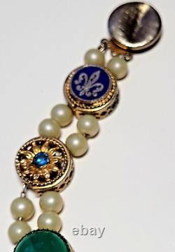 Goldfilled 2 Strand Slider Charm Bracelet Blue Enamel-Rhinestones Pearls