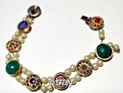 Goldfilled 2 Strand Slider Charm Bracelet Blue Enamel-Rhinestones Pearls