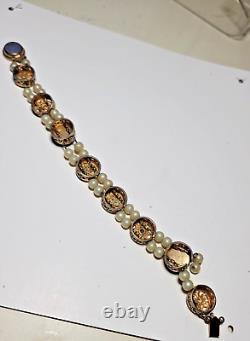 Goldfilled 2 Strand Slider Charm Bracelet Blue Enamel-Rhinestones Pearls