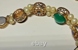 Goldfilled 2 Strand Slider Charm Bracelet Blue Enamel-Rhinestones Pearls