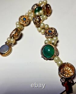 Goldfilled 2 Strand Slider Charm Bracelet Blue Enamel-Rhinestones Pearls