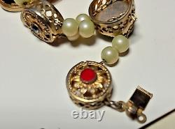 Goldfilled 2 Strand Slider Charm Bracelet Blue Enamel-Rhinestones Pearls