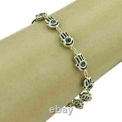 Good Luck Hamsa Hand Blue Enamel Multi Link Bracelet in 14k Yellow Gold