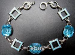 Gorgeous Art Deco Sterling Silver Blue Enamel Rhinestone Vintage Bracelet