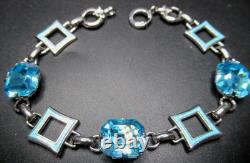 Gorgeous Art Deco Sterling Silver Blue Enamel Rhinestone Vintage Bracelet