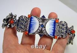 Gorgeous Blue White Enamel Rhinestone Silvertone Link Art Deco Style Bracelet