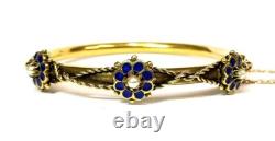 Gorgeous Vintage 14k Yellow Gold Pearl and Blue Enamel Flower Bangle Bracelet