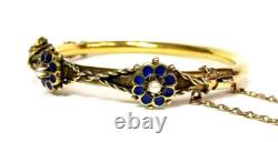 Gorgeous Vintage 14k Yellow Gold Pearl and Blue Enamel Flower Bangle Bracelet