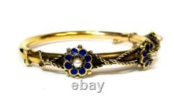 Gorgeous Vintage 14k Yellow Gold Pearl and Blue Enamel Flower Bangle Bracelet